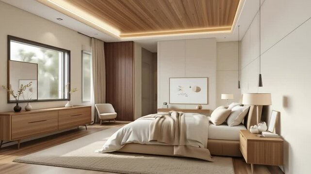 Minimalist bedroom with wooden ceiling and modern furniture in warm neutral colors, connected to a cozy living room with natural light and wooden textures. 4k video