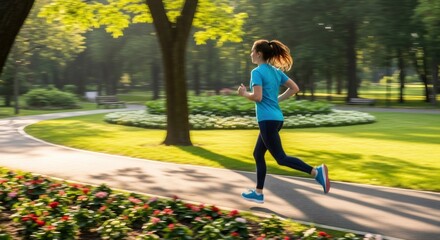 Woman running on park path during outdoor workout. Female athlete exercising for healthy lifestyle and fitness training in sunny summer day.