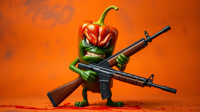 Pepper armed and angry: An angry chili pepper, standing defiant with a rifle, against a bold backdrop, evoking a sense of spicy defiance and playful intensity.