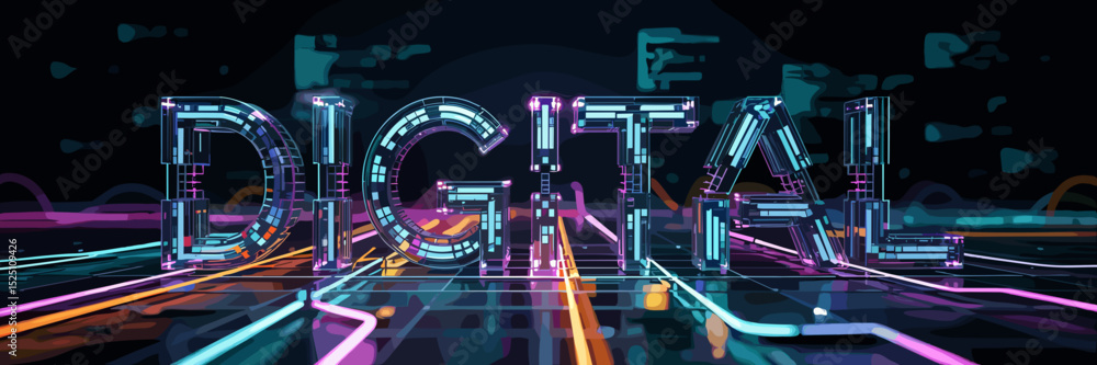 Poster digital word formed from interconnected glowing vector screens – great for digital innovation, techn