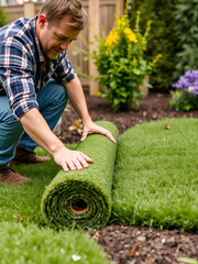 Gardener installing fresh sod rolls for a perfect lawn