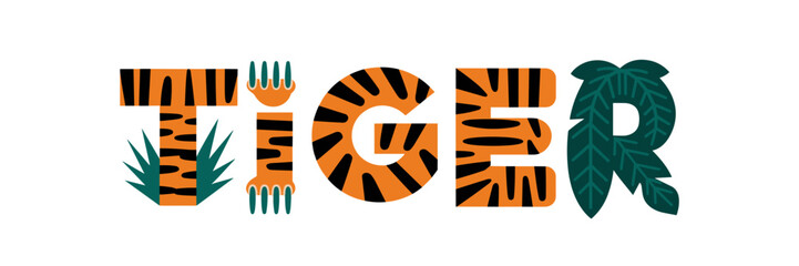 Tiger cursive text illustration with stripes, claws, and jungle leaves