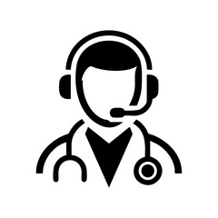 Vector logo of a doctor wearing a headset and stethoscope, ideal for telemedicine services.

