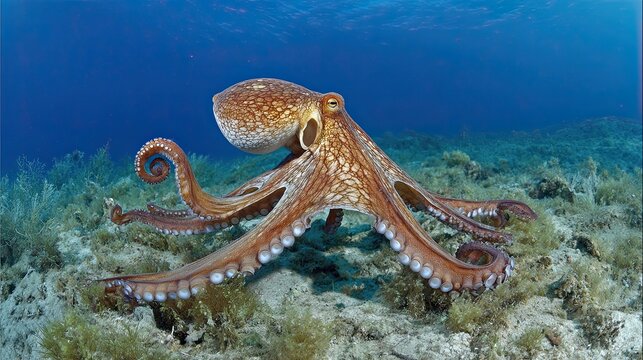 Octopus swimming over seabed in clear blue ocean water with coral and marine plants in natural habitat