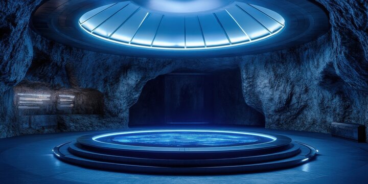 Sci-fi cave base with glowing round platform