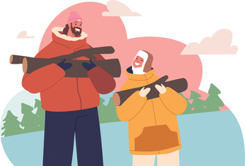 Happy father son collecting firewood