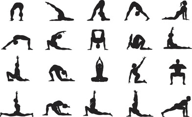 Silhouette Icons of Yoga Poses: Various Asanas for Fitness and Wellness Design