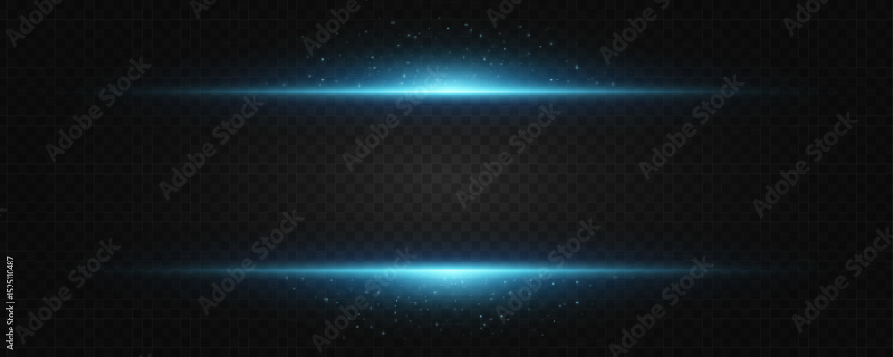 Aufkleber glowing blue horizontal light frame on a transparent dark background. sparkles and particle effects 