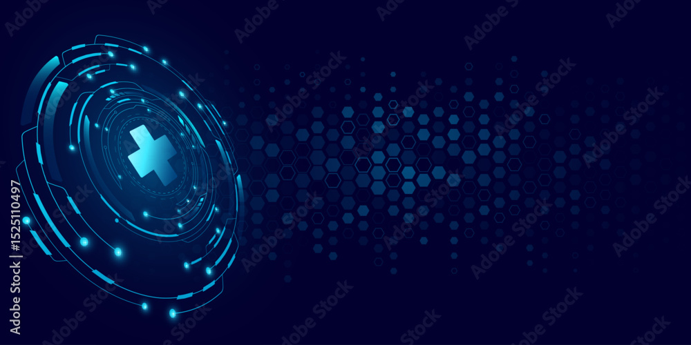 Poster medical technology background with digital interface elements. futuristic glowing blue hud circles w