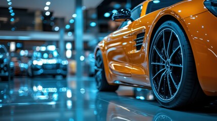 Orange sports car in glossy showroom display