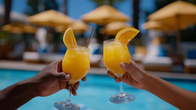 Friends enjoying tropical drinks poolside under sun umbrellas