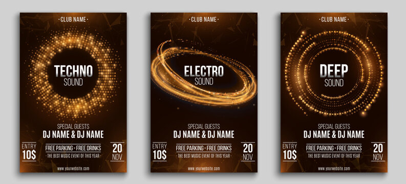 Set of club event flyers. Design uses glowing golden light effects, circular abstract patterns, and futuristic backgrounds for DJ performances and nightclub events. Vector illustration.