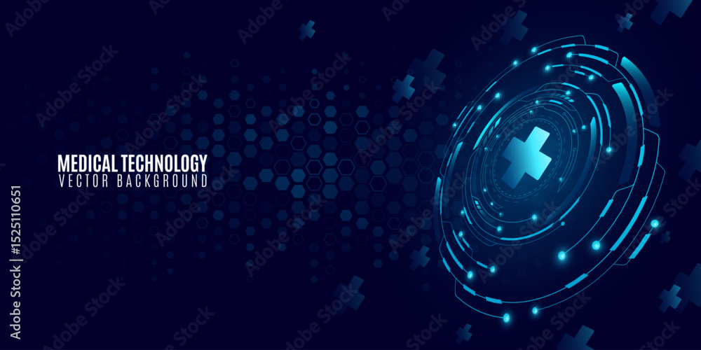 Poster healthcare medical background with digital interface elements. glowing blue hud circles with cross s