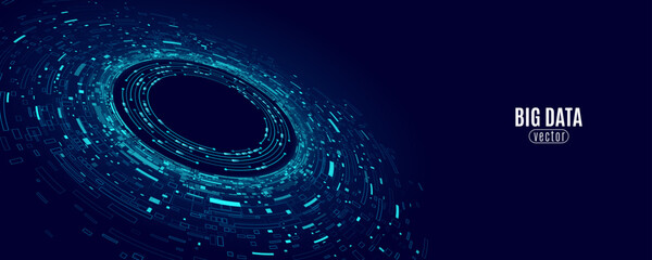 Futuristic circular big data visualization on a dark blue background. Abstract digital technology design with geometric shapes and glowing elements. Vector illustration.