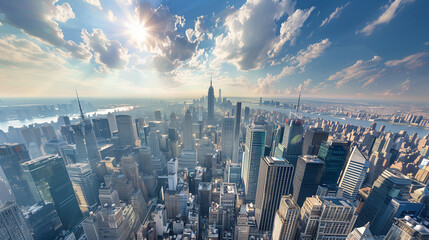 Aerial View of New York City Skyline on a Partly Cloudy Day