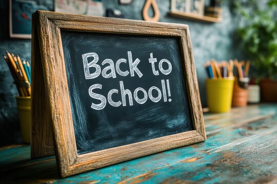 Back to school chalkboard sign on rustic desk