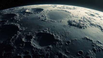 A stunning portrayal of the moon's surface, highlighting the deep craters and rugged terrain illuminated by starlight. The cosmic backdrop adds to the majestic scenery of space