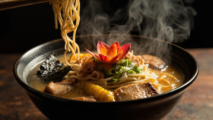A steaming bowl of ramen garnished with fresh vegetables, tender meat, and a vibrant flower sits on a wooden table at an evening restaurant. Noodles are being lifted with chopsticks