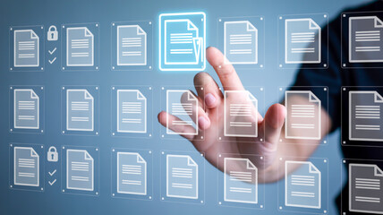 A digital illustration of a hand interacting with a holographic document management interface .