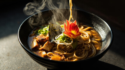 A steaming bowl of noodle soup is served with tender pieces of meat, fresh vegetables, and a colorful flower on top, creating a warm and inviting meal experience