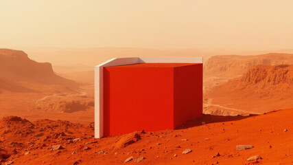 A striking red building stands in a vast, orange Martian terrain, surrounded by rocky formations under a hazy sky