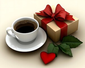 A white coffee cup and gift box with a red ribbon