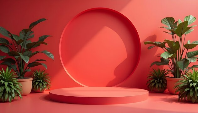 Fototapeta Red minimalist product display with tropical plants