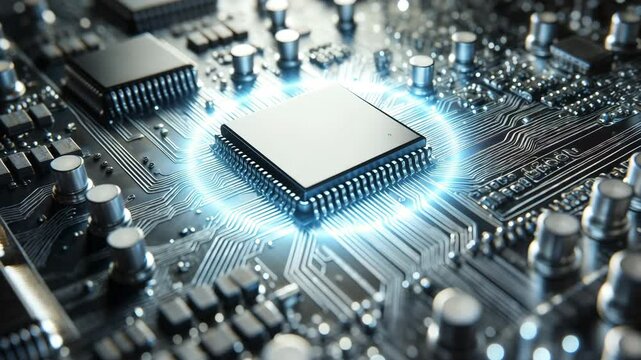Glowing Microchip Pulsing on Printed Circuit Board Macro