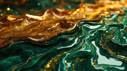 Intricate patterns of green and gold shimmer across a smooth surface, creating a captivating abstract design. The sunlight enhances the glossy finish, highlighting the flowing textures