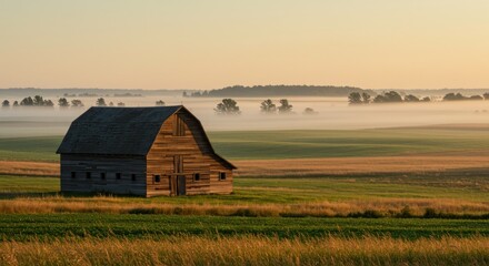 Fototapeta premium Fogveiled fields embrace weathered barn