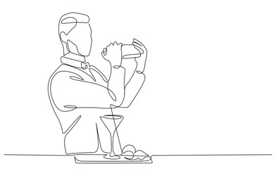 Male bartender making a cocktail line art. Drink shaking line drawing. Hand drawn vector illustration with editable stroke. Isolated on transparent background.