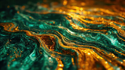 Colorful abstraction features flowing waves of turquoise and gold, creating a mesmerizing visual effect. Light reflects off the textured surface, enhancing the artwork's depth and movement