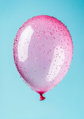 photography of a pink balloon. The inside of the balloon is filled with water. The is upside down. Light blue background