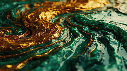 Vibrant textures of green and gold swirl in captivating patterns, creating an artistic representation of natural stone. The glossy surface enhances the dramatic colors and intricate design
