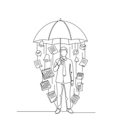 Businessman Managing Work-Life Balance Under Umbrella with Symbols for Stress Management, Productivity Blogs, Motivation Websites, and Personal Development Resources