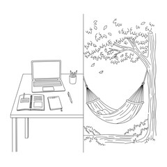 Work-Life Balance Illustration of Home Office and Outdoor Hammock Scene for Lifestyle Blogs, Wellness Websites, Mental Health Articles, and Personal Development Content