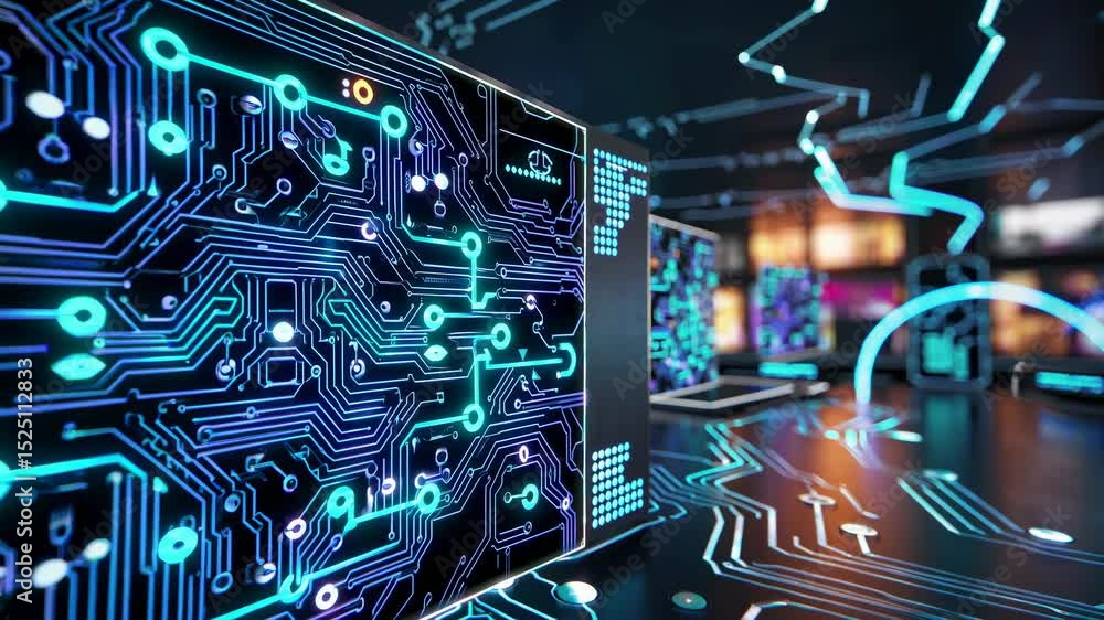 Poster Exploring a futuristic digital space with glowing circuit designs and advanced technology in interactive environments