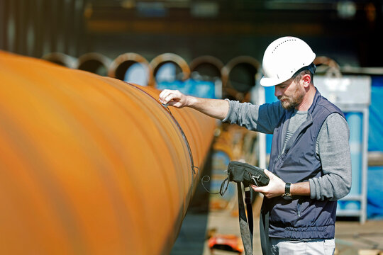 Inspector is checking welds with ultrasonic test method. It is a family of non-destructive testing techniques based on the propagation of ultrasonic waves in the object or material tested.