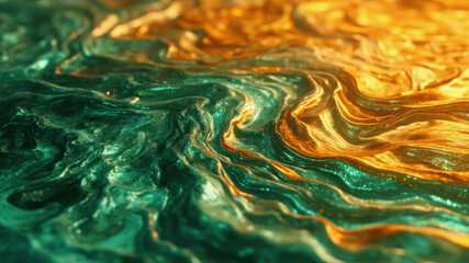 Colorful, swirling waves in shades of green and gold blend seamlessly, presenting an abstract composition that feels alive and dynamic. The design captures the essence of fluid motion