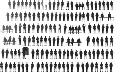 Large set of business and casual human silhouettes in grey, standing sitting walking poses, vector collection for design, infographic use