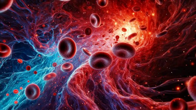 Colorful 3D Journey Through Flowing Blood Cells in Artery