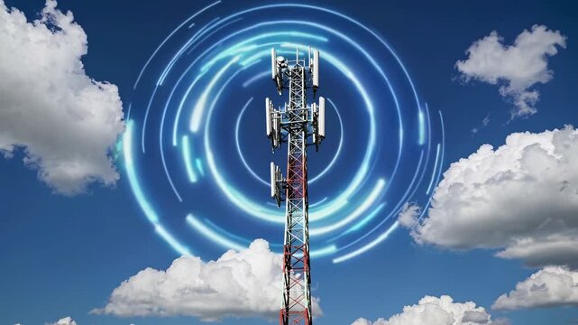 Exploration of a cellular tower surrounded by clouds in a clear blue sky showcasing telecommunications technology