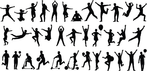 Silhouette of active kids jumping, running, dancing, playing sports, enjoying childhood fun, vector illustration, perfect for posters, cards, design
