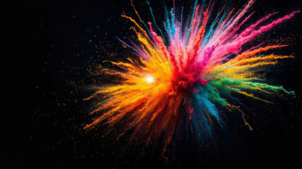 Bright colors burst into a dramatic explosion, filling the air with vibrant hues in a dark setting. This captivating display often occurs during festivals and celebrations