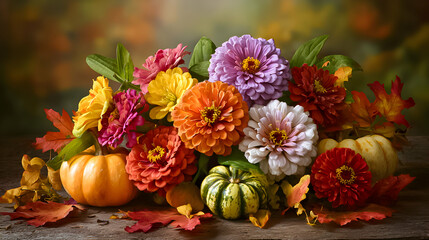 Obraz premium Vibrant autumn flower arrangement with zinnias and pumpkins on rustic wooden surface