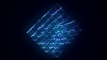 Abstract wireframe cube. Network connection structure. Digital blockchain concept. Futuristic blue background with dots and lines. 3D rendering.