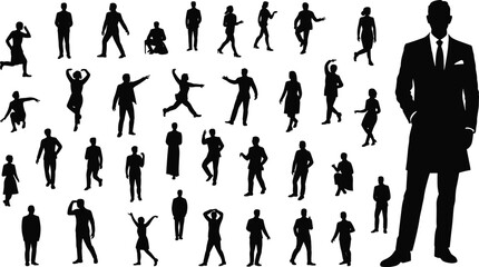 Business and casual human silhouettes collection, people in various poses, black vector design for presentation, marketing, infographic, creative visual use
