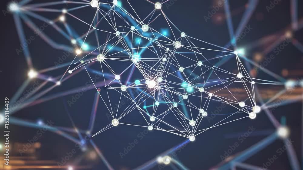 Poster Connections between nodes create a vibrant network illuminated by colorful lights in this digital representation of data flow