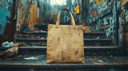 Dirty tote bag on urban stairs
