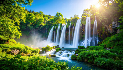 Obraz premium Majestic Waterfall Cascading Through Lush Green Forest with Sunlight Streaming Through Trees, Highlighting Natural Beauty and Tranquility